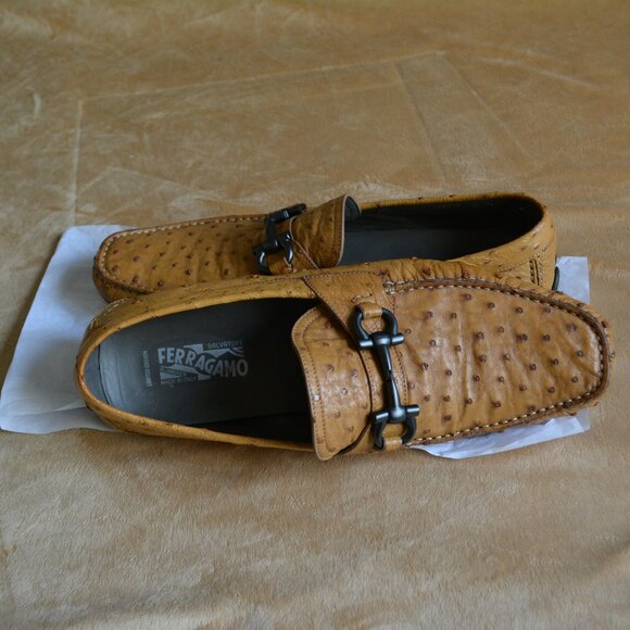 Salvatore Ferragamo Tan Brown Ostrich Leather Loafers, Limited Edition, Size 13 main image 9